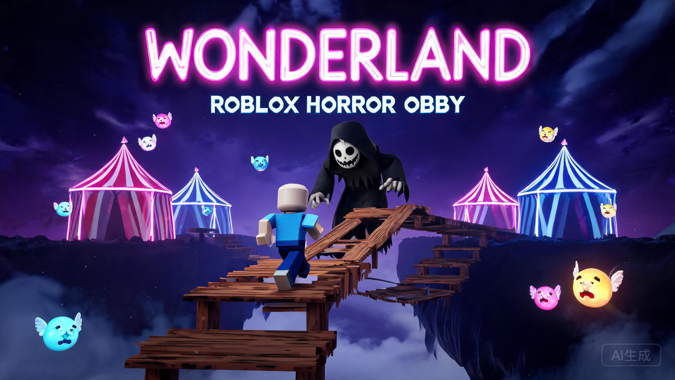 O obby do Wonderland Roblox, um percurso de plataforma em um parque de diversões